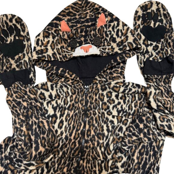 Nick Nora Leopard Print Adult Jumpsuit Pajamas Size L Hood Mittens Loungewear - Picture 4 of 12